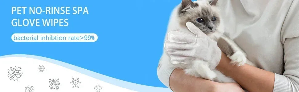 A person is using white gloves to wipe a cat with pet no-rinse spa glove wipes.