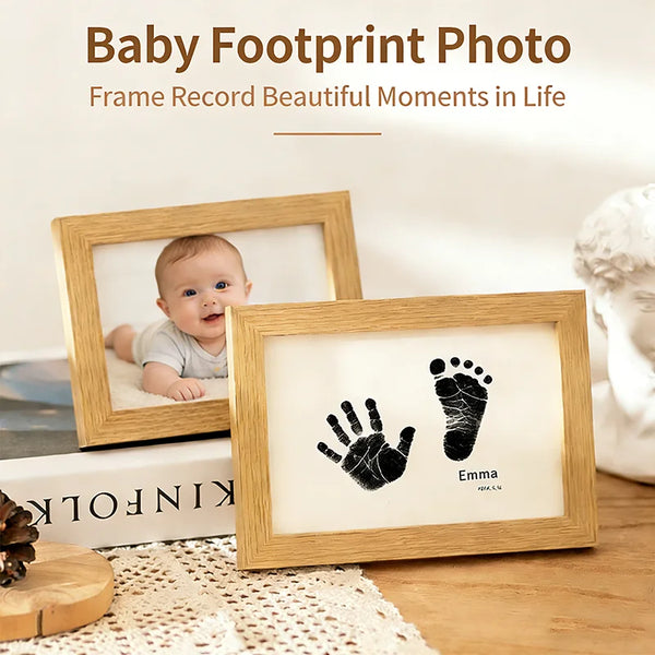 A wooden photo frame displaying a baby's footprint and the name Emma, used to record beautiful moments in life.