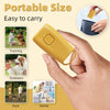 A yellow portable ultrasonic dog bark deterrent device being held by a hand, shown in various outdoor and indoor contexts.