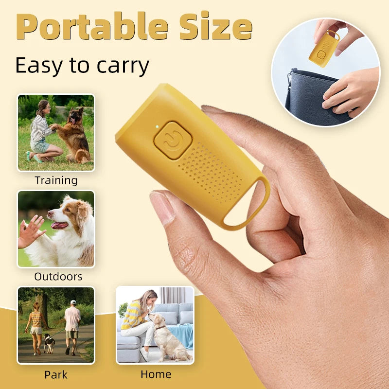 A yellow portable ultrasonic dog bark deterrent device being held by a hand, shown in various outdoor and indoor contexts.