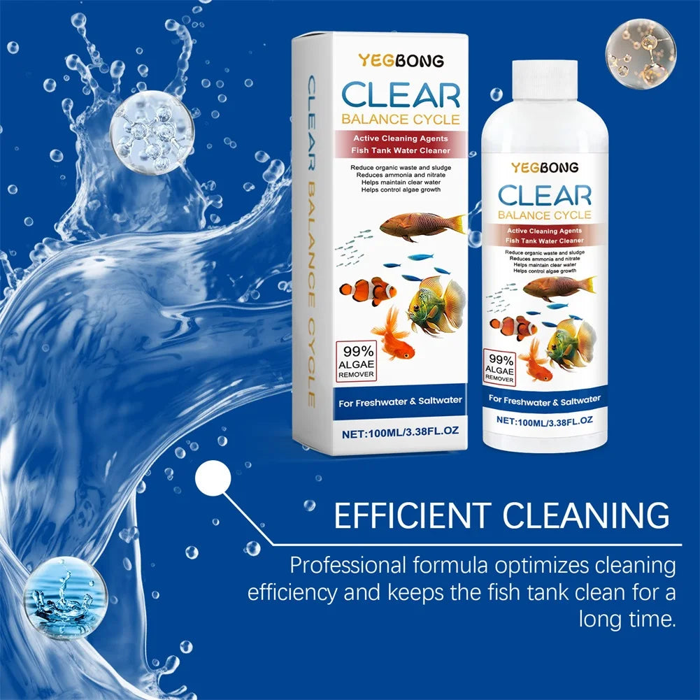 Yegbong Clear Balance Cycle product showing a bottle and box for fish tank water cleaning