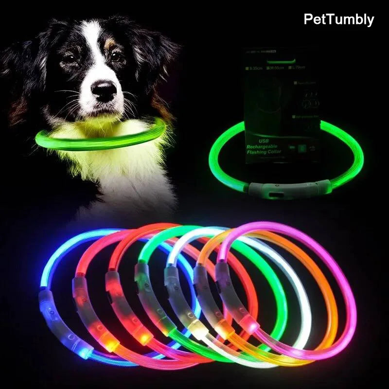 A green rechargeable LED dog collar is shown next to a black dog, with multiple colored LED rings displayed below.