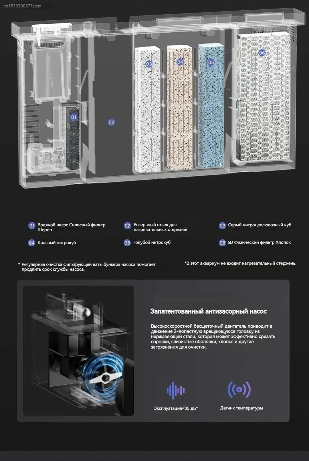 Système d'aquarium modulaire montrant divers composants de filtre et cubes de céramique colorés pour le traitement de l'eau.