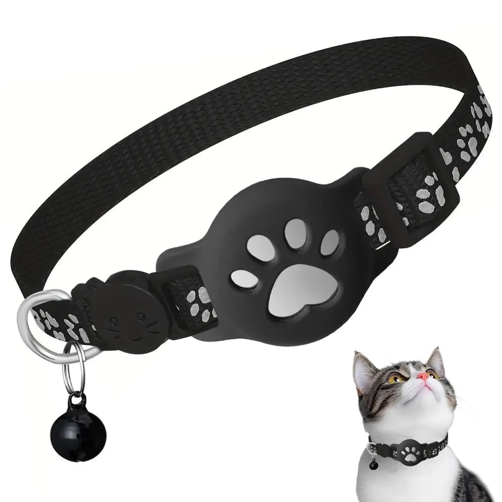 Collar negro ajustable para mascotas con diseño de huella y correa para gato