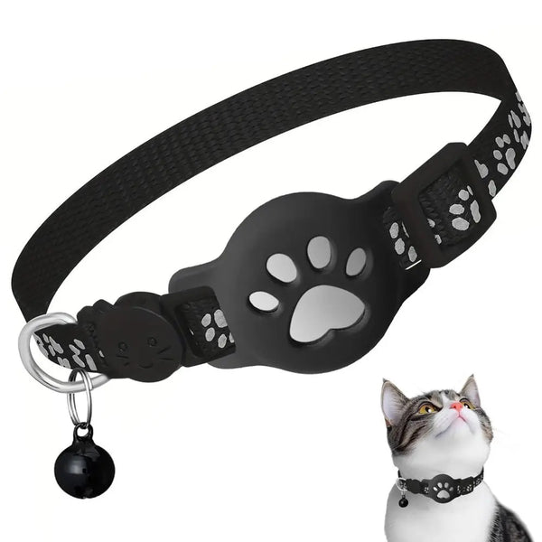 Collar negro ajustable para mascotas con diseño de huella y correa para gato
