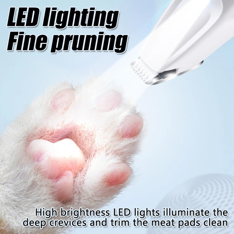 A close-up of a pet paw being illuminated by a bright LED light during fine pruning.
