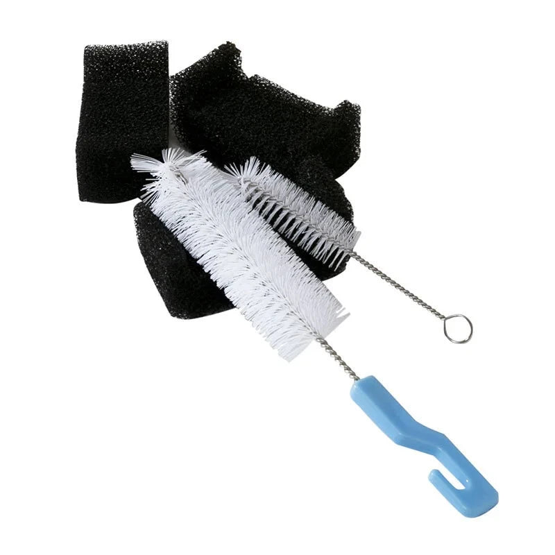 Black sponge replacement filters and a white feather-like filter with a metal wire.