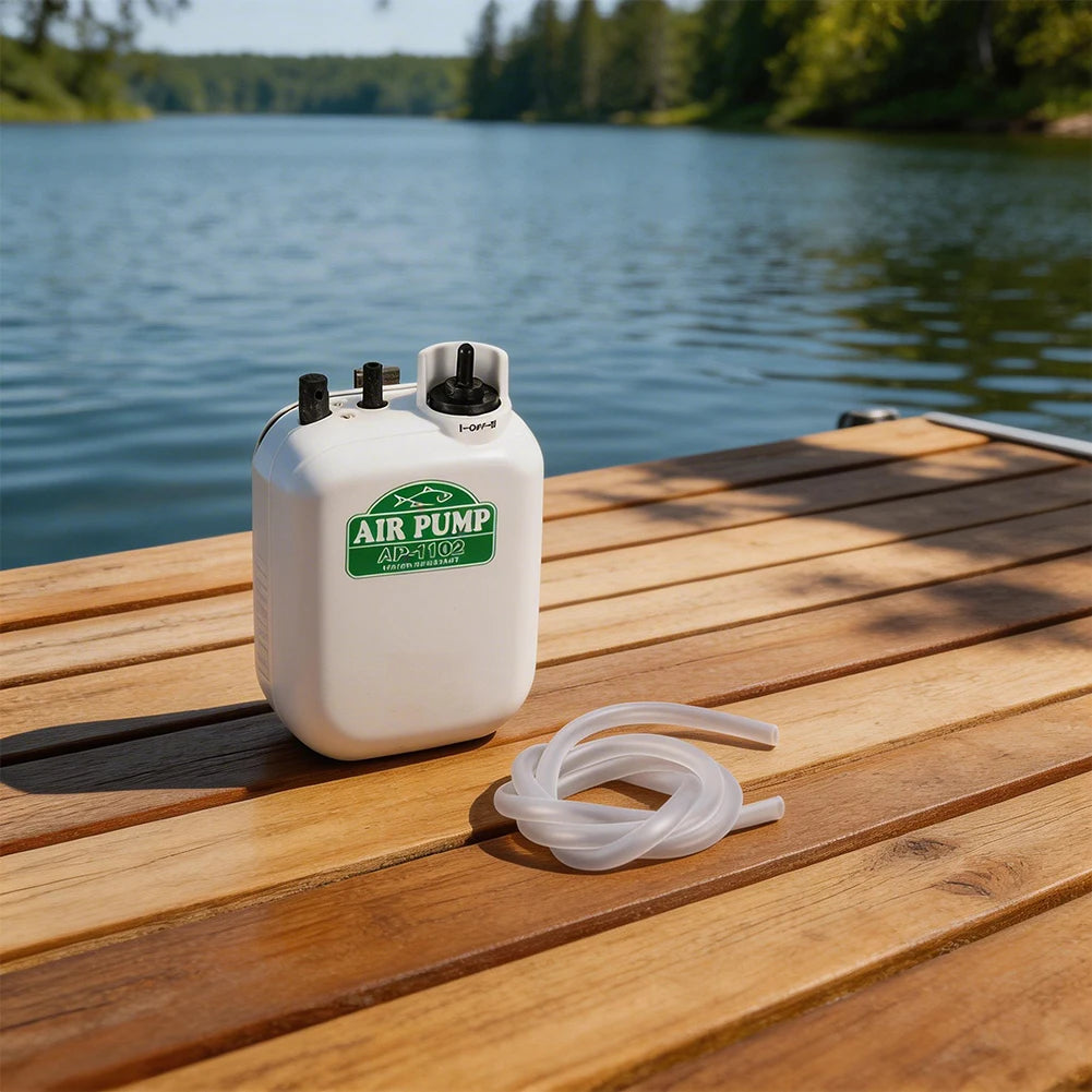 Weiße portable Luftpumpe mit klarem Schlauch auf Holzsteg mit Blick auf einen ruhigen See.