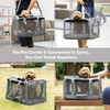 A gray breathable mesh pet carrier bag being carried by a person, shown in various contexts.