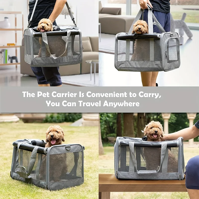 A gray breathable mesh pet carrier bag being carried by a person, shown in various contexts.