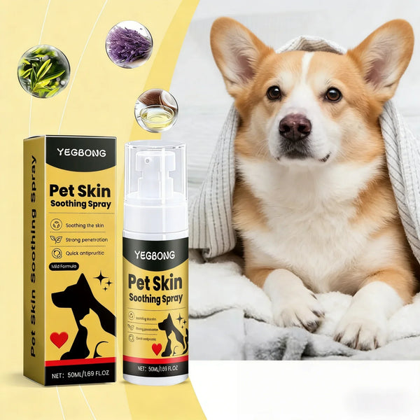 A dog is resting while a bottle of Yegbong Pet Skin Soothing Spray and various ingredients are displayed.