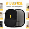 A set of two black pet hair removal gloves for cats and dogs shown alongside various cleaning contexts.