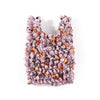 A reusable foldable bubble shopping bag made of ruffled fabric in shades of purple and orange.