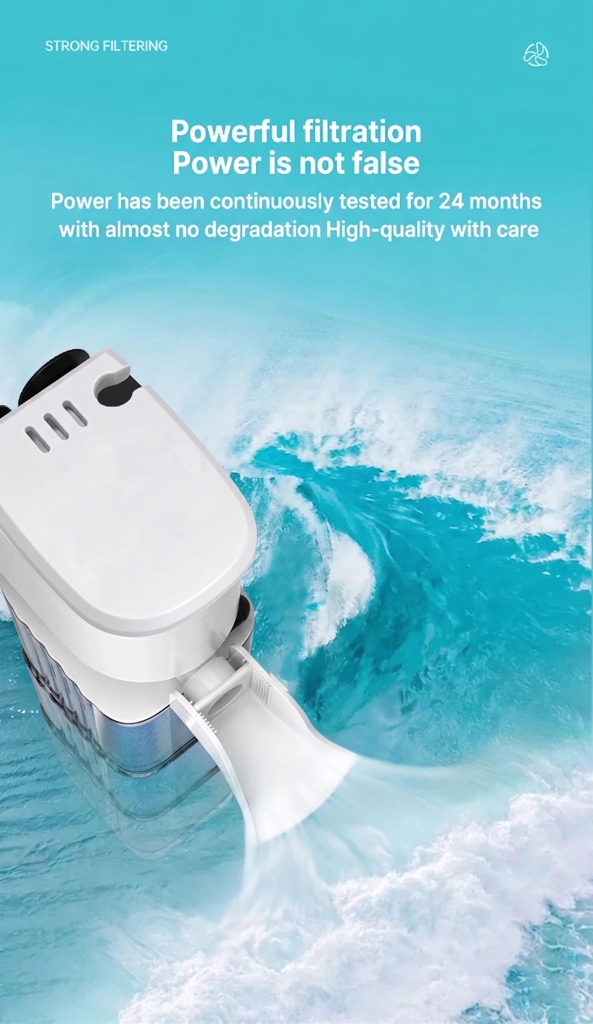 Une pompe à air pour aquarium submersible blanche émet un jet d'eau dans un environnement bleu et turbulent.