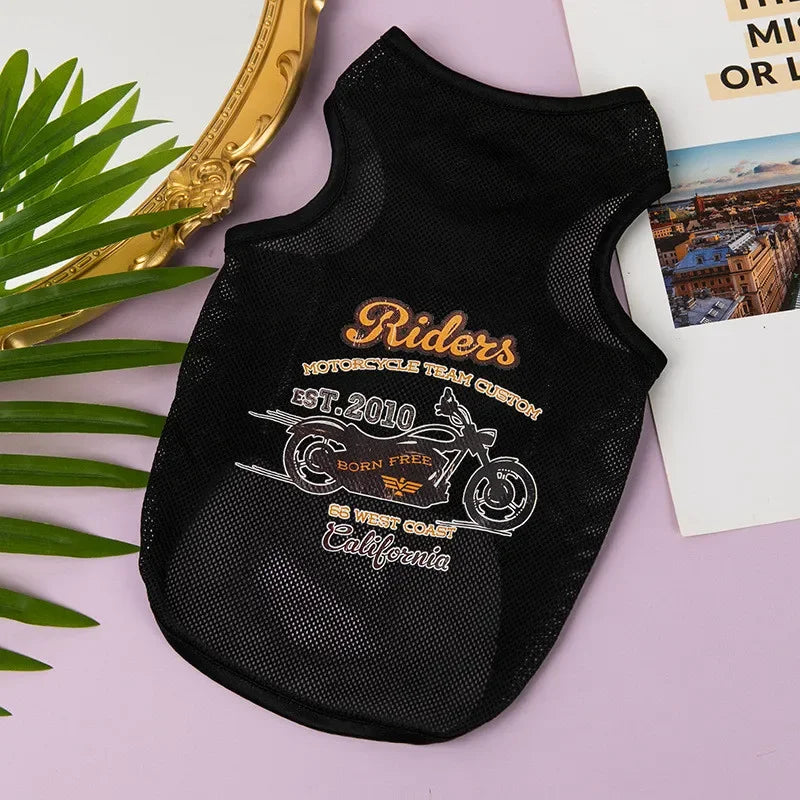 Black breathable mesh vest for riders featuring a custom motorcycle team design and California text