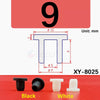A set of silicone rubber hole plugs in black and white, with a diagram showing dimensions for the XY-8025 product.
