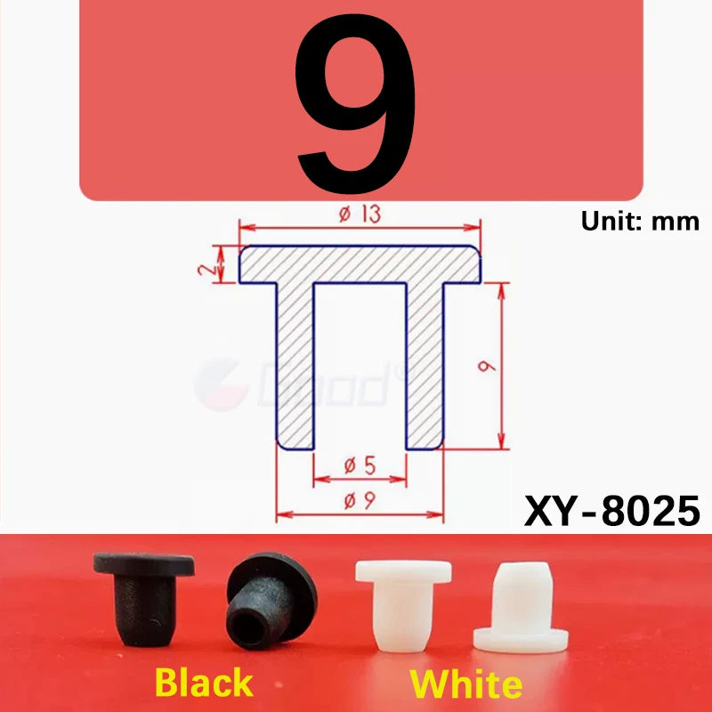 A set of silicone rubber hole plugs in black and white, with a diagram showing dimensions for the XY-8025 product.