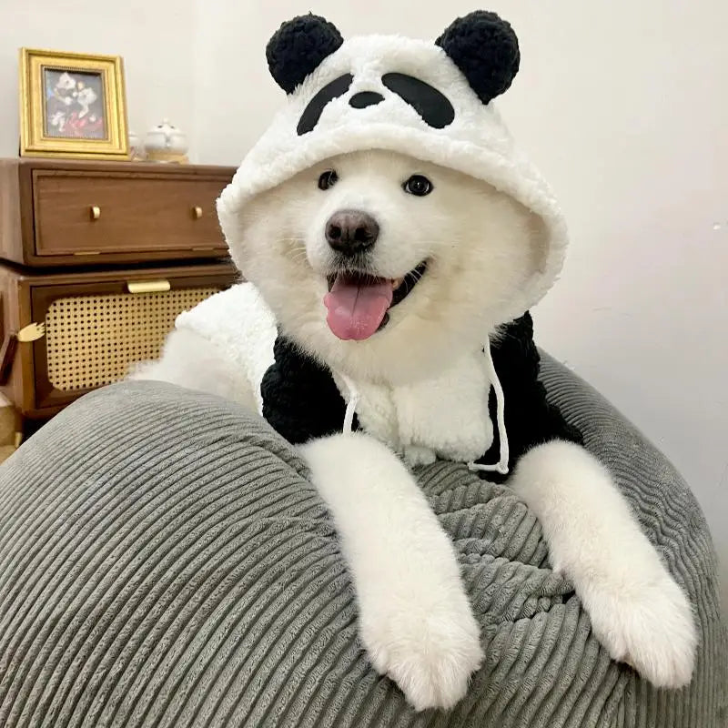 A white dog wearing a black and white panda-themed fleece hooded coat is sitting on a gray textured surface.