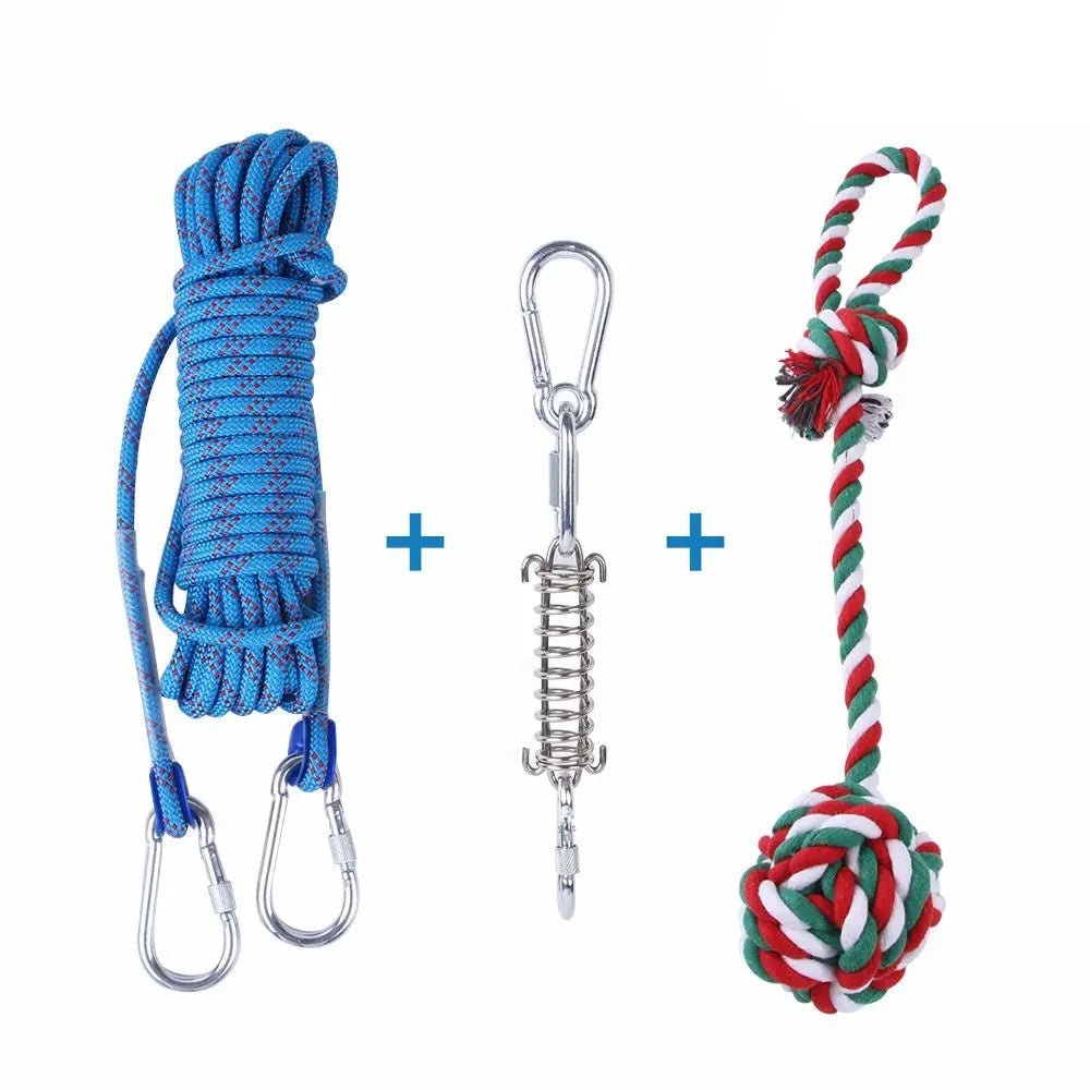 A set of durable bite-resistant dog spring pole toys featuring cotton rope and metal clasps.
