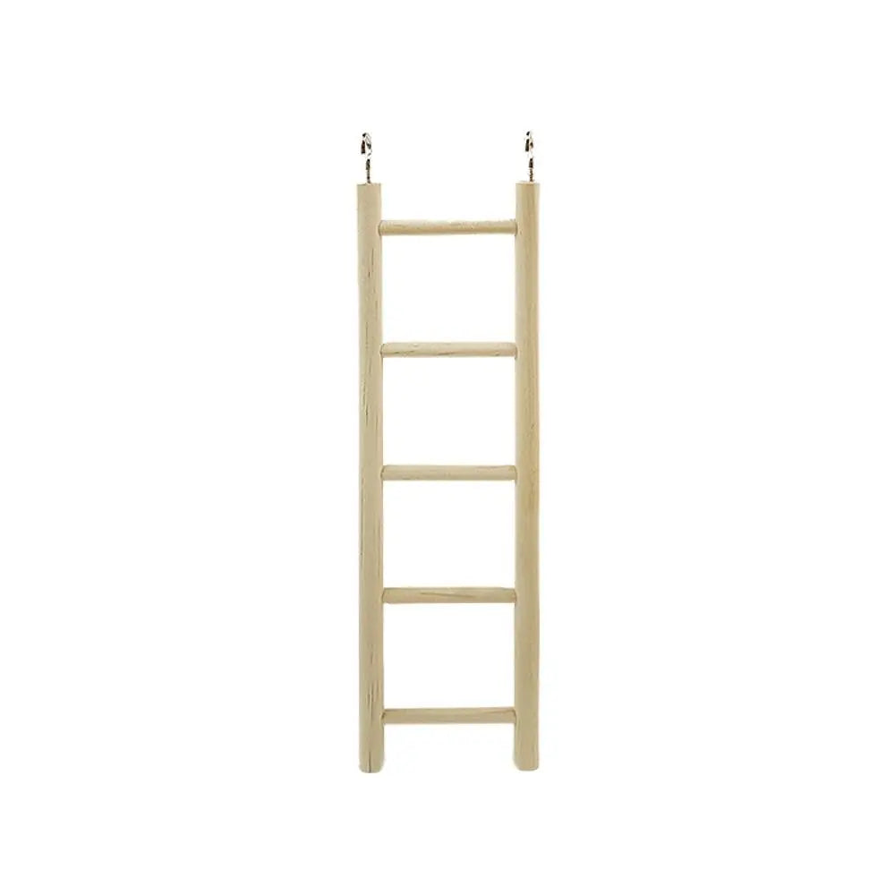 A wooden bird ladder with hooks for climbing and perching.