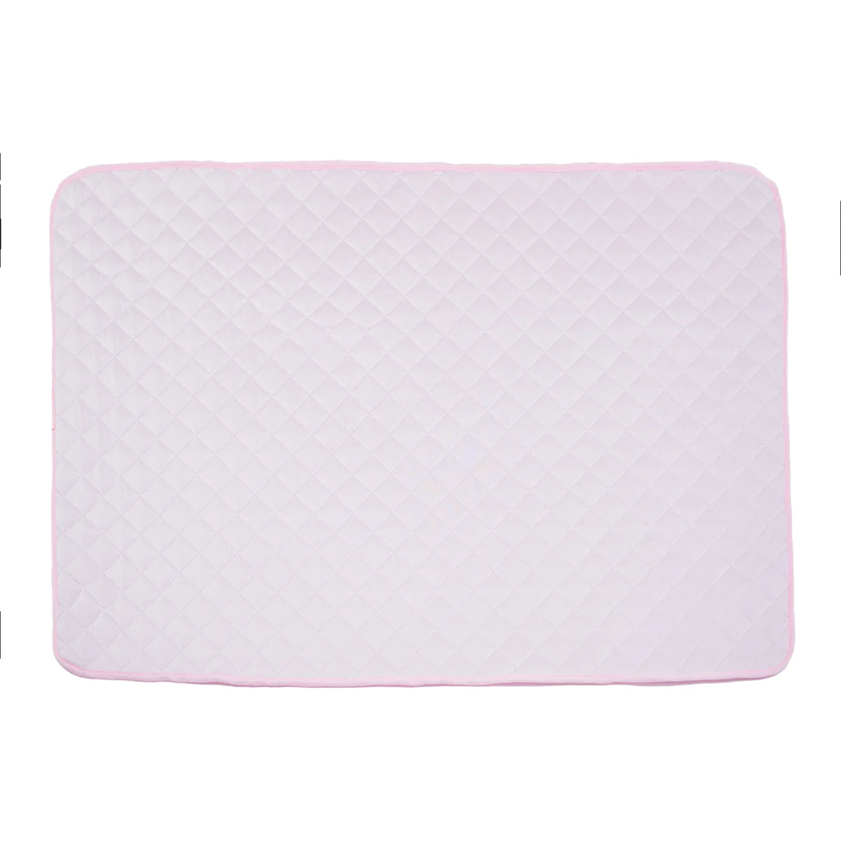 A square pink quilted washable cooling dog mat made of ice silk fabric.