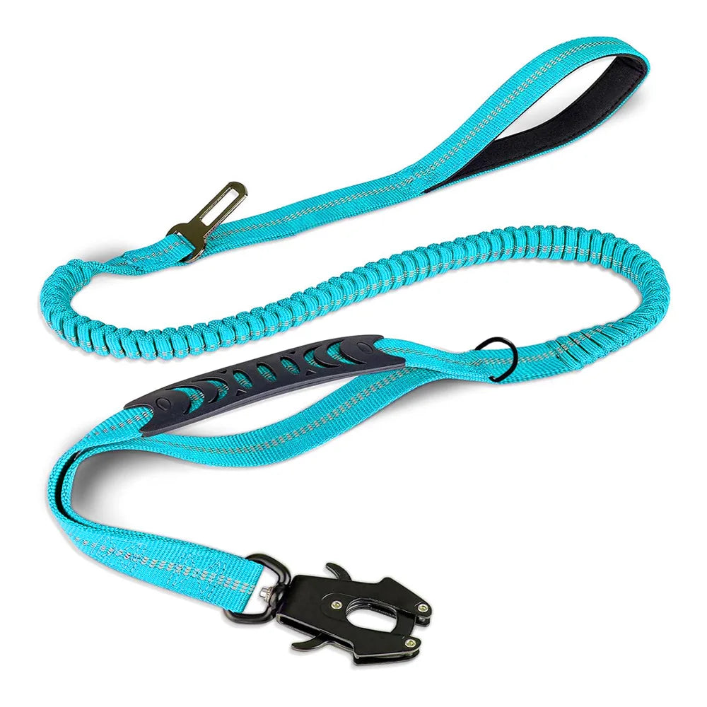 A bright turquoise tactical dog leash with black accents and a metal clip.