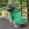A gray dog wearing a bright green frog-themed hoodie sitting on a wooden deck.
