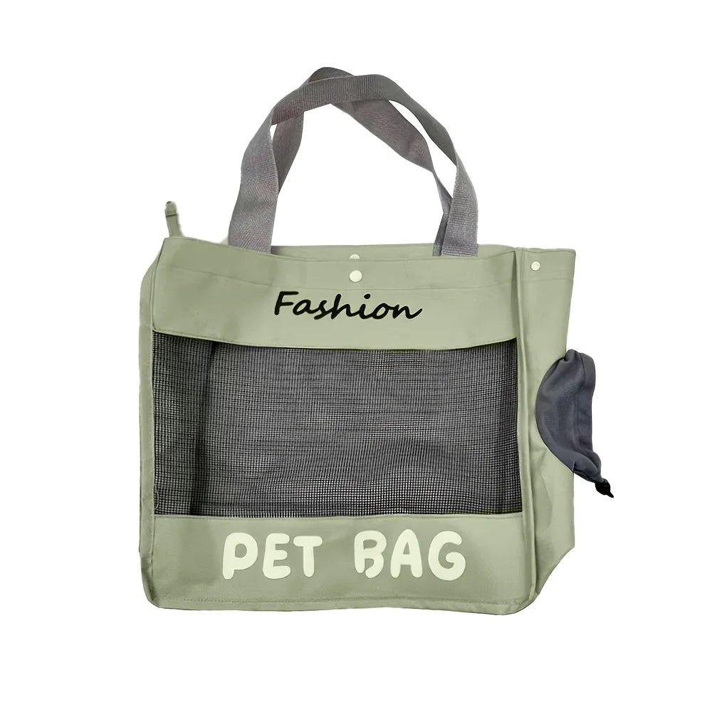A light green breathable pet bag with gray straps and a mesh carrier section labeled Fashion Pet Bag