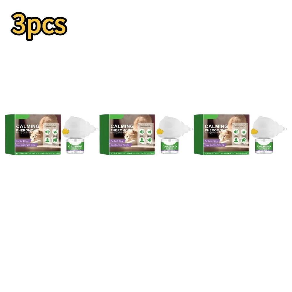 Three units of cat calming diffuser for anxiety relief shown in packaging.