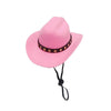 Pink felt cowboy hat with a black embroidered band and black tie