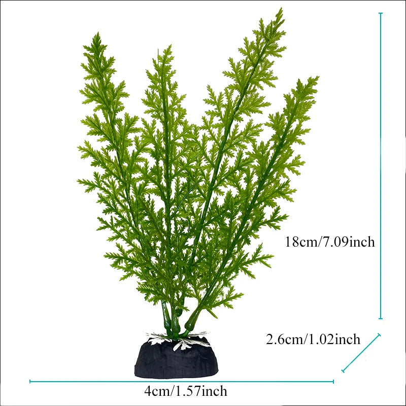 Plante aquatique artificielle vert vif avec de fines feuilles plumeuses, en pot noir.