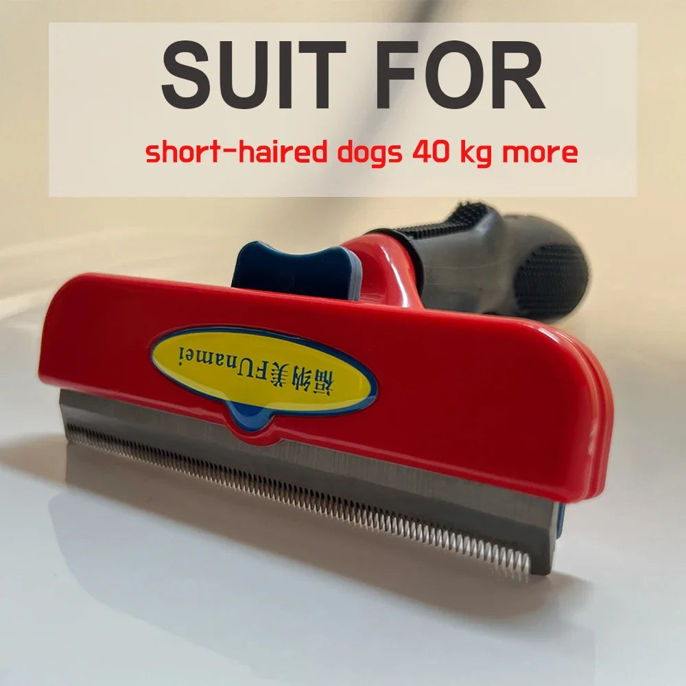 A red pet deshedding brush with a silver comb is shown on a white surface.