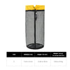 A black mesh storage bag with a yellow drawstring closure and size specifications.