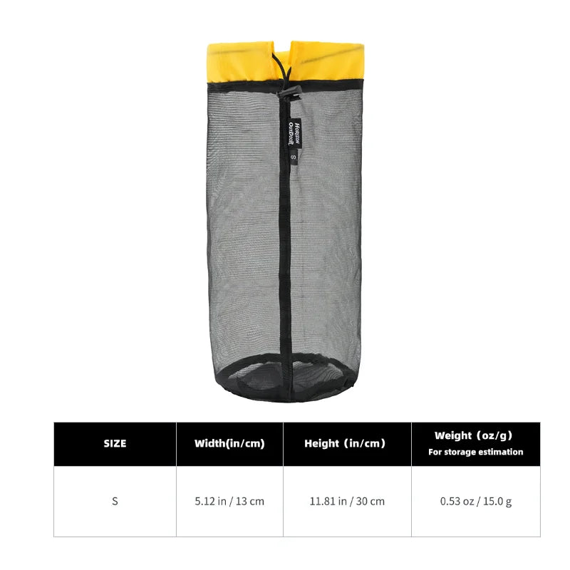 A black mesh storage bag with a yellow drawstring closure and size specifications.