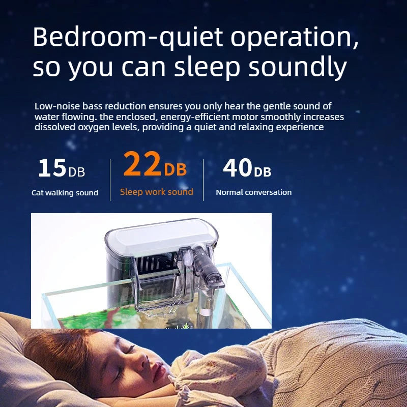 A person sleeping peacefully with a small aquarium water filter system placed near them.