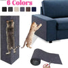 A dark blue cat scratching mat is shown next to a blue sofa, with a tabby cat interacting with the mat.