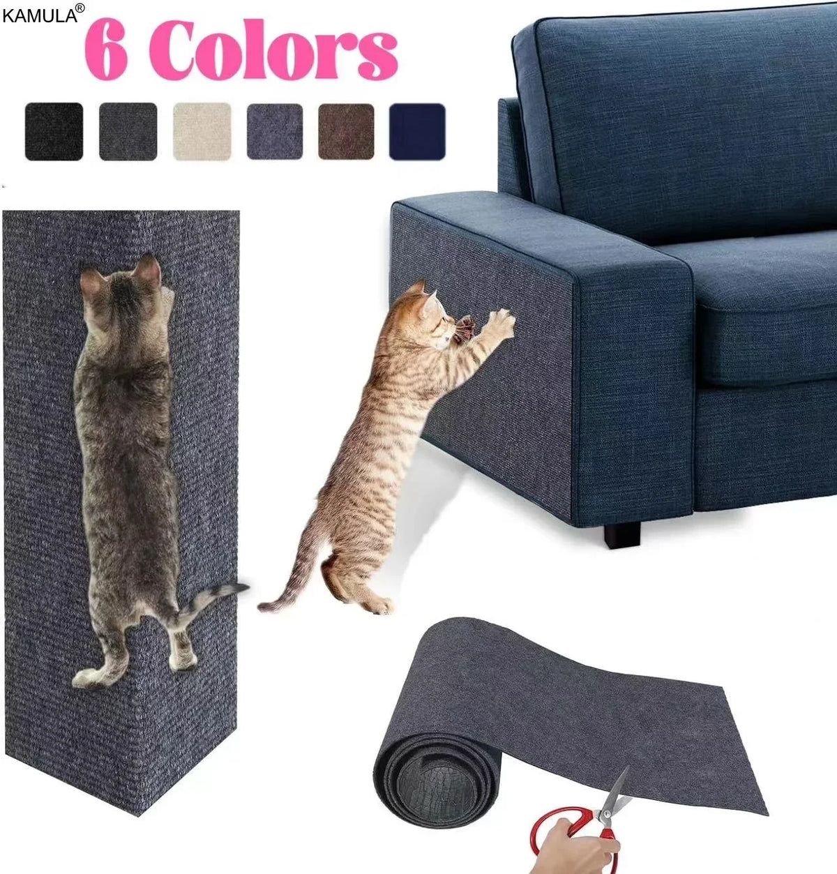 A dark blue cat scratching mat is shown next to a blue sofa, with a tabby cat interacting with the mat.