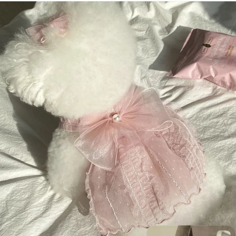 A pink tulle dress with white fluffy trim is displayed on a white surface.