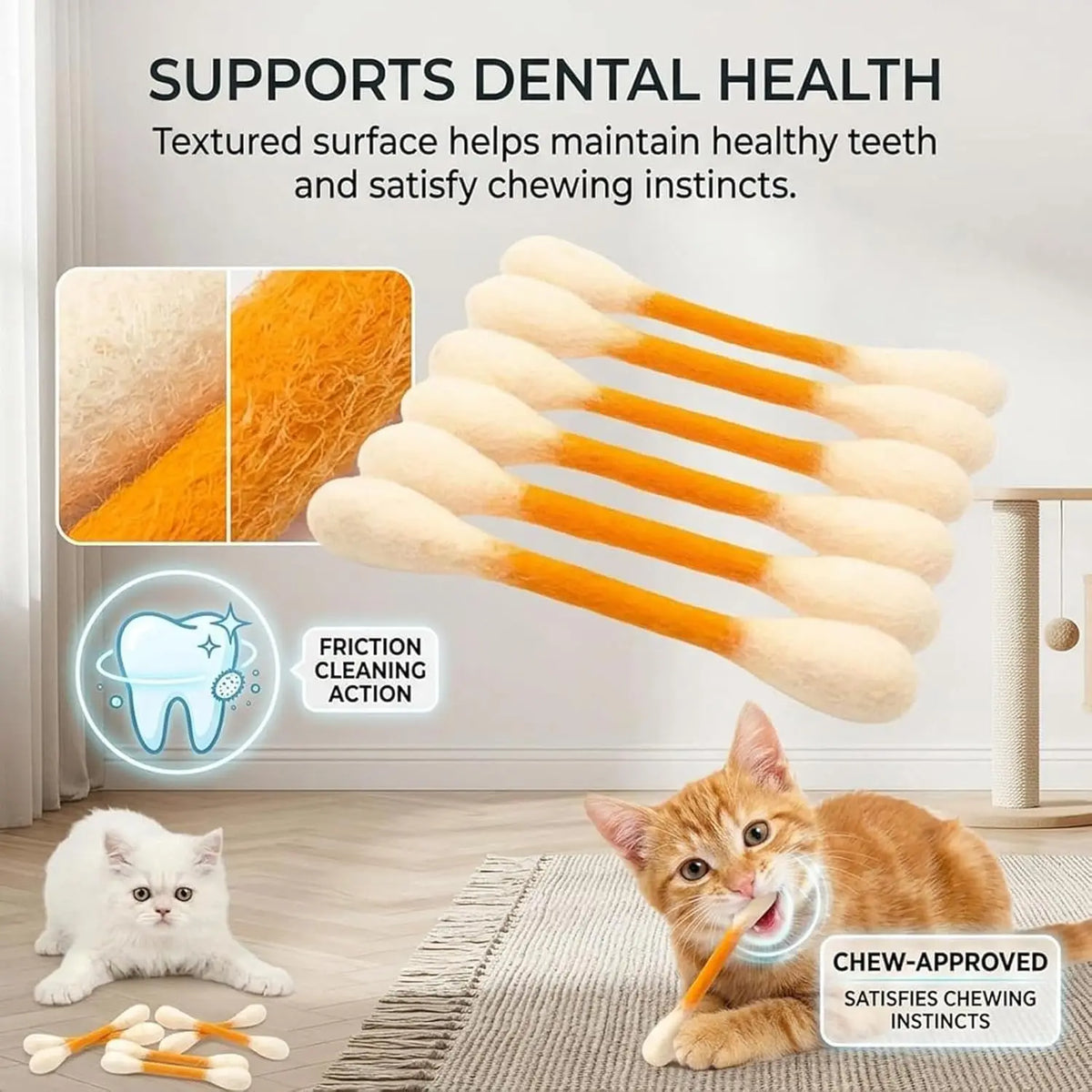 Orange und weiß texturierte Katzenk aus Kauspielzeug für Zahngesundheit und zufriedenes Kauen