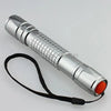 Silver cylindrical laser pointer with a black strap and an orange tip