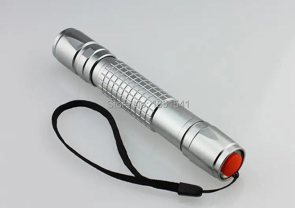 Silver cylindrical laser pointer with a black strap and an orange tip