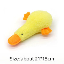 A bright yellow plush duck toy with orange accents, designed as an interactive pet for dogs and cats.