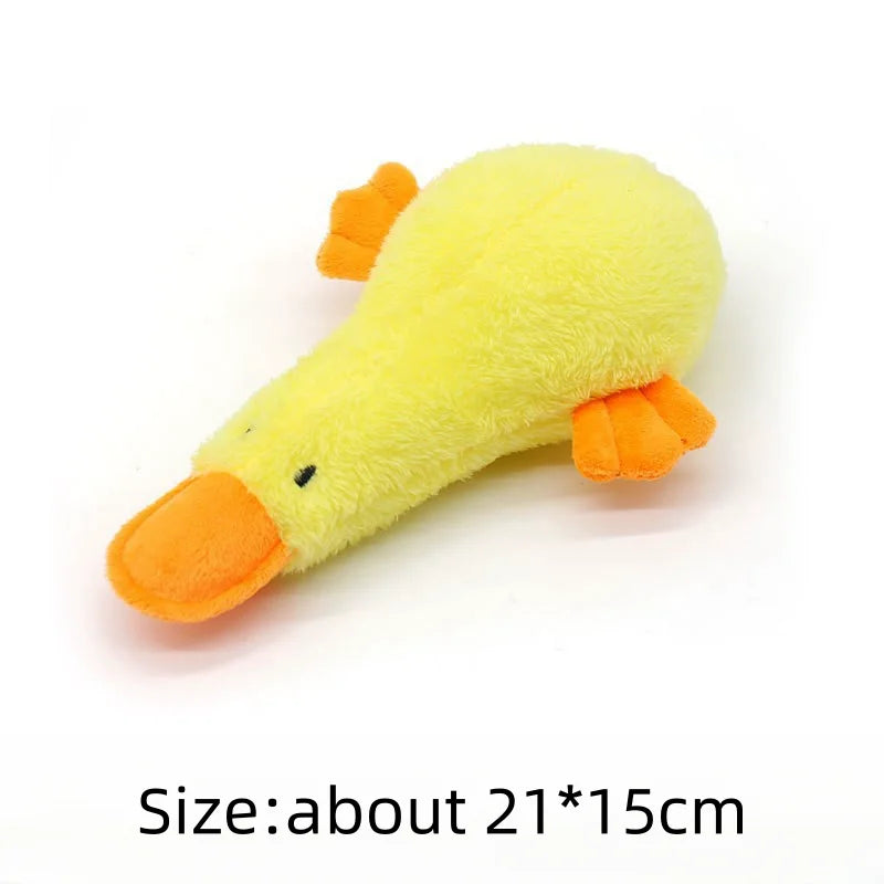 A bright yellow plush duck toy with orange accents, designed as an interactive pet for dogs and cats.