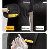 Demonstration of double-sided pet hair removal gloves showing before and after use on a pet.