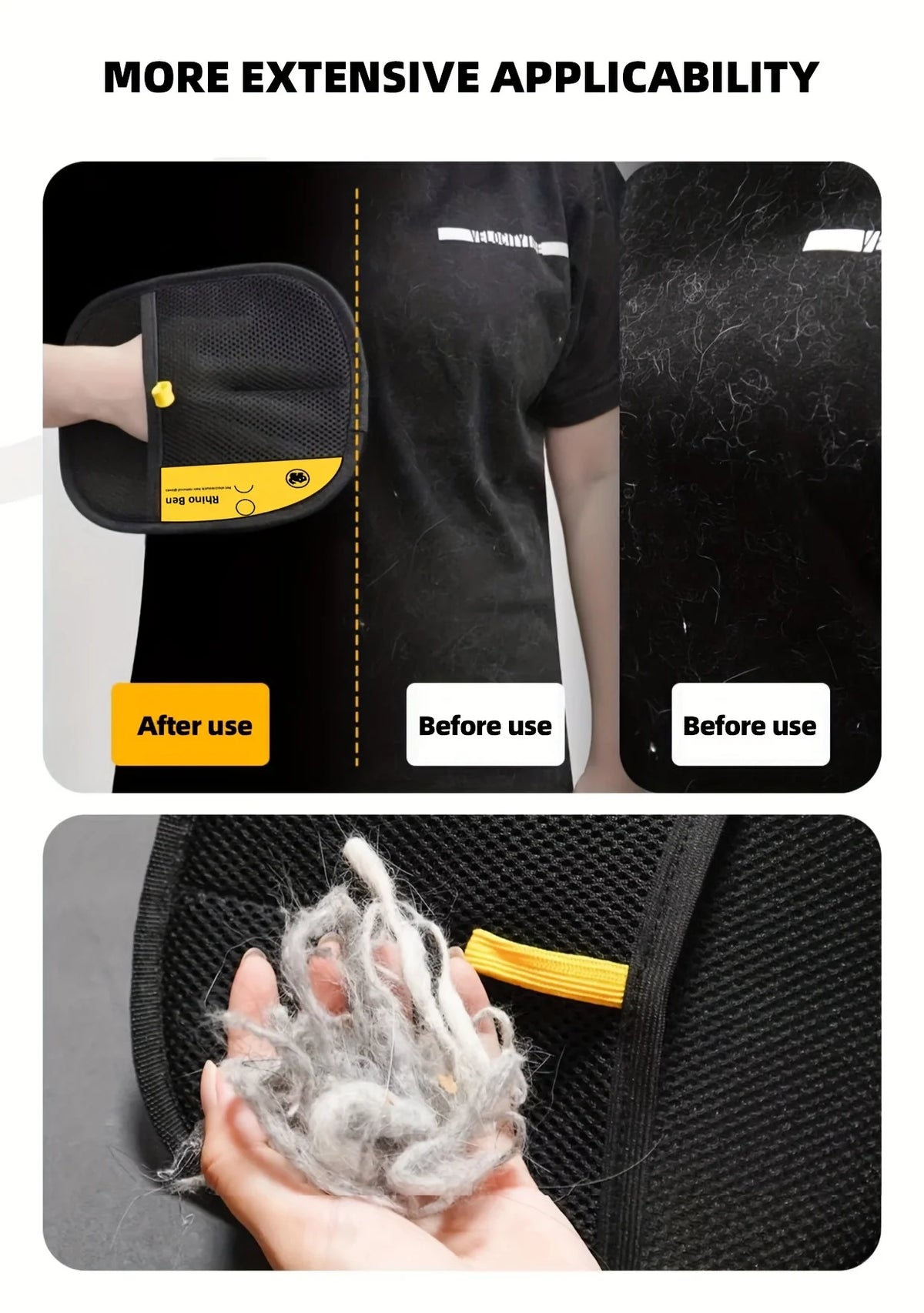 Demonstration of double-sided pet hair removal gloves showing before and after use on a pet.