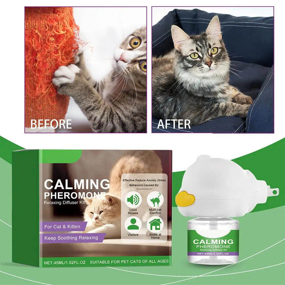 A white diffuser device for calming pheromone is shown next to before and after images of a cat.