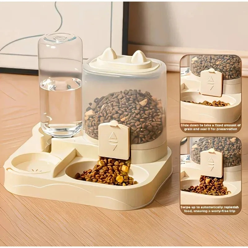 A clear glass feeder with a sealed food compartment and a separate water reservoir, designed for automatic pet feeding.