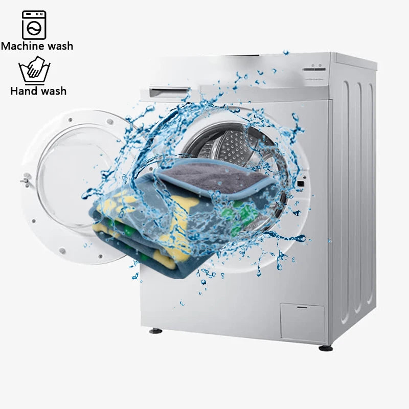 A white washing machine is shown with a dog blanket inside, illustrating the machine wash feature.
