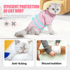 A gray cat wearing a pink vest designed for efficient protection of the cat body against bacteria and licking.