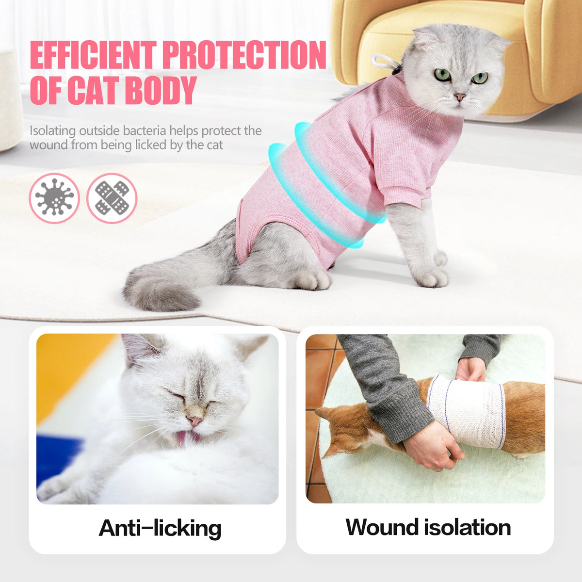 A gray cat wearing a pink vest designed for efficient protection of the cat body against bacteria and licking.